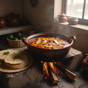 Traditional Jalisco-style birria de chivo simmering in a clay pot with tortillas and consommé.