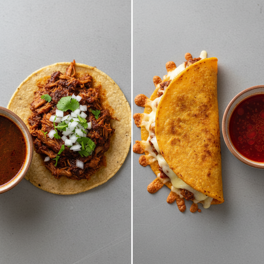 Authentic goat birria taco versus cheese-heavy quesabirria side by side.