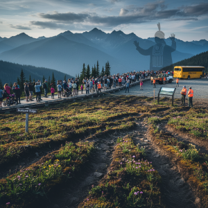 Hurricane Ridge: alpine meadow trampled by tourists and maintenance vehicles, showing erosion, crushed native plants and faded Indigenous stewardship
