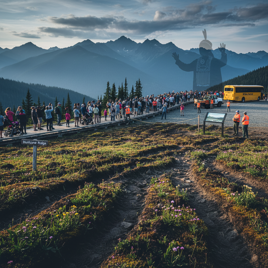 Hurricane Ridge: alpine meadow trampled by tourists and maintenance vehicles, showing erosion, crushed native plants and faded Indigenous stewardship