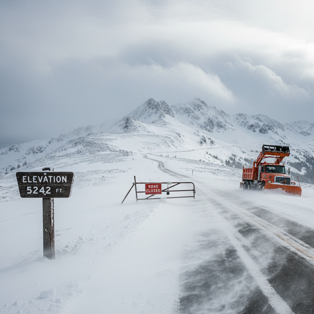 Hurricane Ridge Road winding up a snowy mountainside toward a 5,242 ft ridge with wind-driven snow, a gated closure sign, and a parked maintenance vehicle.