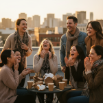Group of adults laughing together on a rooftop, sharing food and coffee, symbolizing the joy of adult friendship.