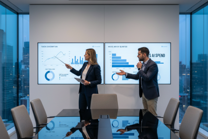CFO and product lead reviewing AI token and cost dashboards