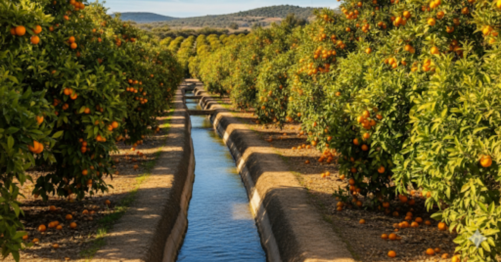 A sun-drenched photograph of an orange grove. An ancient, earthen irrigation canal filled with glistening water runs down the center between rows of lush trees laden with ripe oranges. The scene is bathed in warm, golden sunlight.