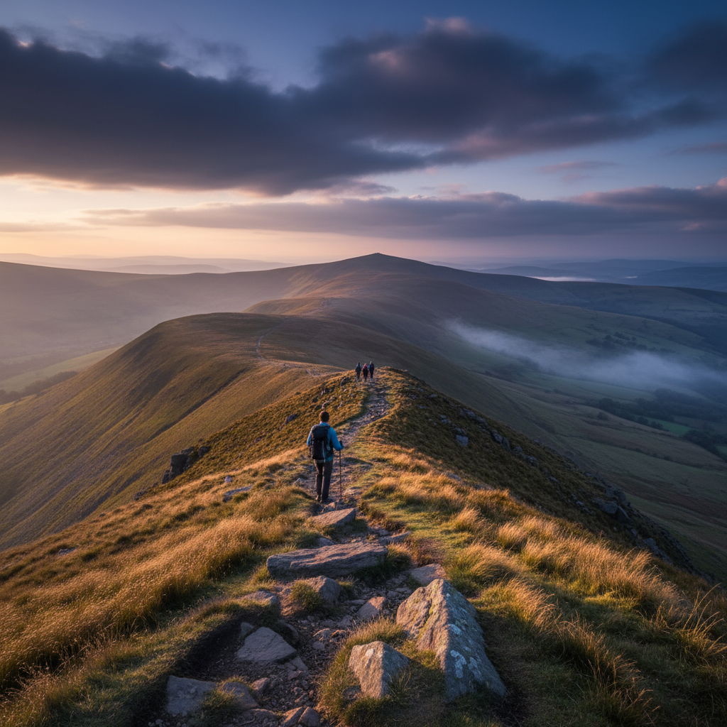 Lone walker on a windswept ridge with wild grasses and rocky path, overlooking a distant busy summit — a pen y fan hike that favors quiet ridgelines and wilder scenery over the crowded peak.