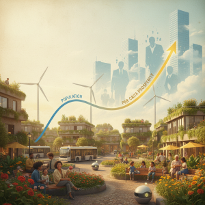 population decline illustrated as a thriving small community with automation, green energy, and a descending population line turning into rising per-capita prosperity