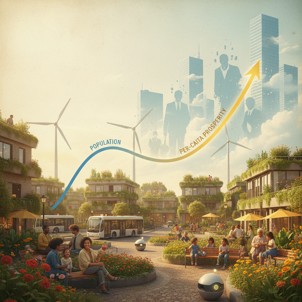 population decline illustrated as a thriving small community with automation, green energy, and a descending population line turning into rising per-capita prosperity
