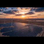Wind turbines and a solar farm feeding the grid at sunset