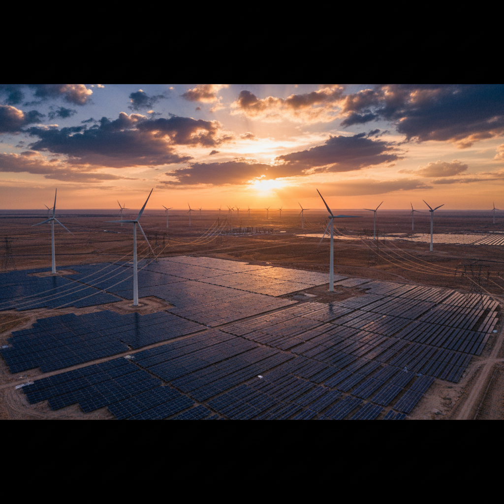 Wind turbines and a solar farm feeding the grid at sunset