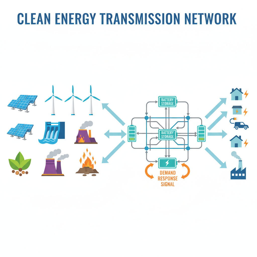 Diagram of renewable resources, storage, and demand response connected to the grid
