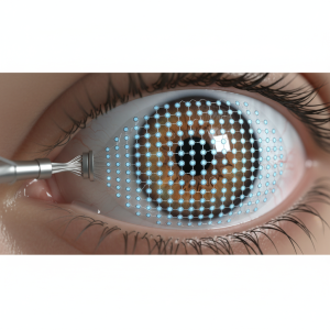 Close-up visualization of a retinal implant array interfacing with the eye.