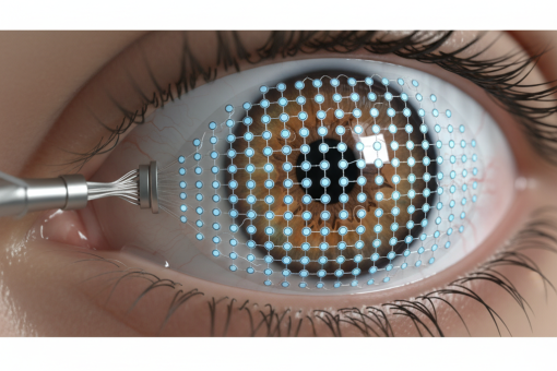 Close-up visualization of a retinal implant array interfacing with the eye.
