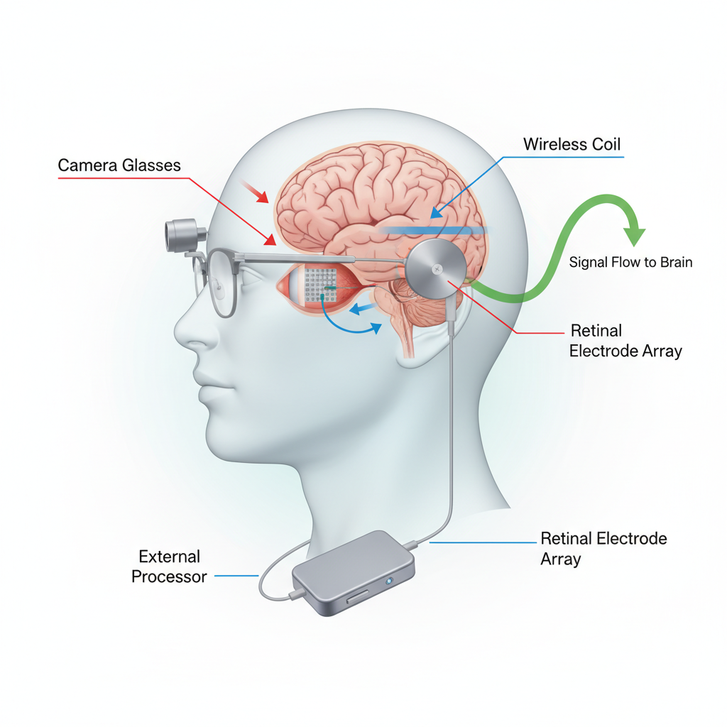 Diagram of retinal implant components and signal flow.