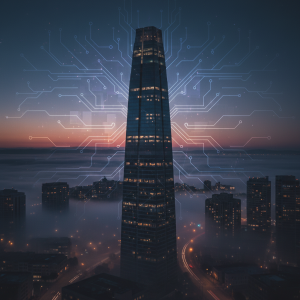 Salesforce Tower in San Francisco amid AI-themed overlay