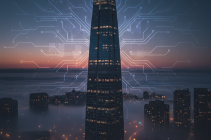 Salesforce Tower in San Francisco amid AI-themed overlay