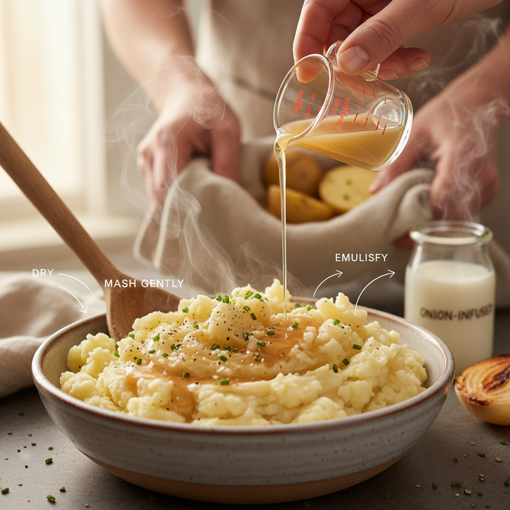 Close-up, steamy bowl of airy mashed potatoes with visible fluffy granules, browned-butter drizzle and a stream of starchy cooking liquid being poured — a visual guide to the secret to mashed potatoes: drying cooked potatoes, gentle mashing and finishing with a butter-based emulsion for rich, stable flavor.