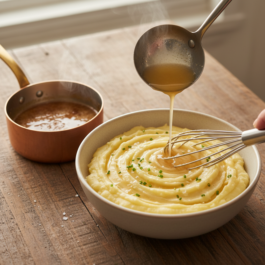 Close-up of the emulsion step-the secret to mashed potatoes-showing browned butter being whisked into warm, riced potatoes to create a glossy, silky texture.