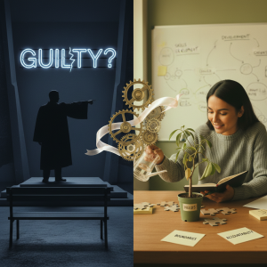 Conceptual hero image contrasting judgment and care: a person being told to stop acting immature on a cold gray stage while a compassionate coach diagnoses unmet needs and redesigns boundaries, showing coaching, accountability, emotional skills development, and system change instead of shame.