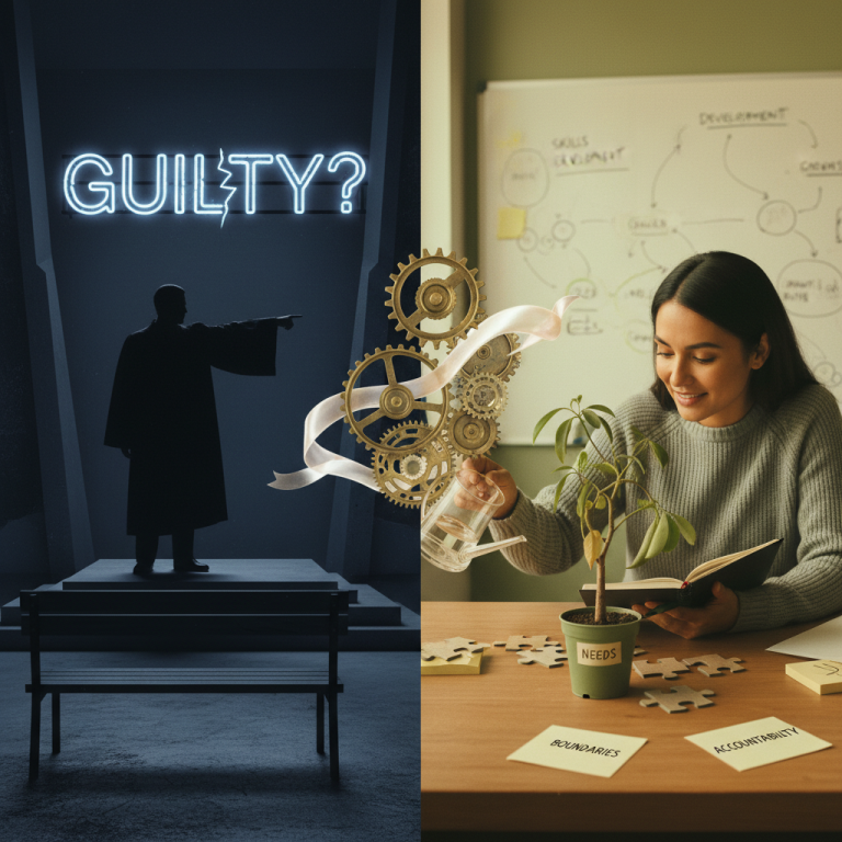 Conceptual hero image contrasting judgment and care: a person being told to stop acting immature on a cold gray stage while a compassionate coach diagnoses unmet needs and redesigns boundaries, showing coaching, accountability, emotional skills development, and system change instead of shame.