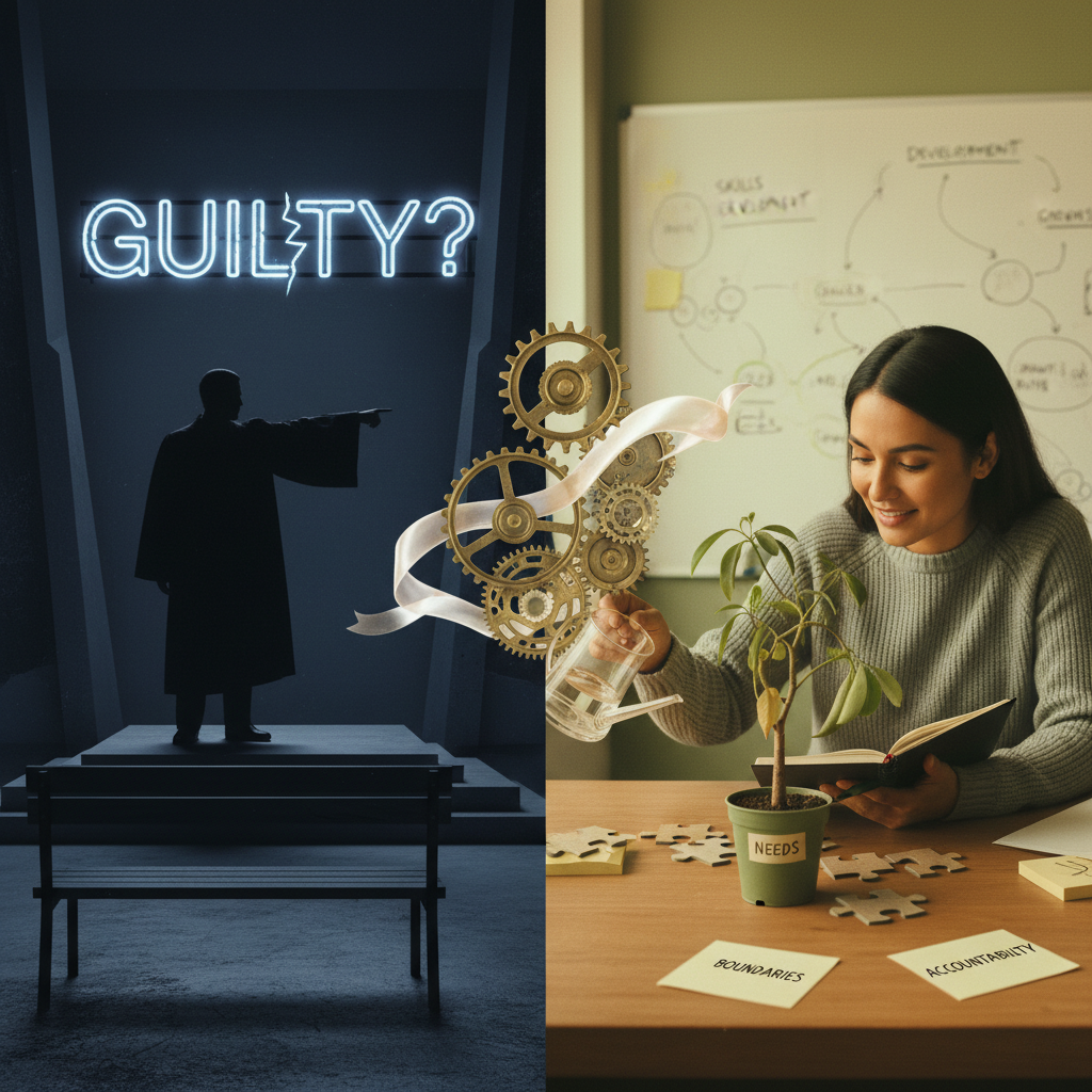 Conceptual hero image contrasting judgment and care: a person being told to stop acting immature on a cold gray stage while a compassionate coach diagnoses unmet needs and redesigns boundaries, showing coaching, accountability, emotional skills development, and system change instead of shame.