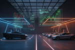 Futuristic EV showroom with Tesla and rivals, market share graphs overlay.