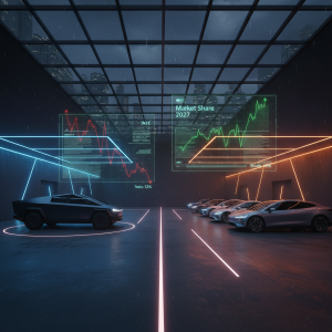 Futuristic EV showroom with Tesla and rivals, market share graphs overlay.