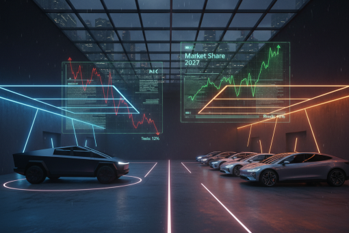 Futuristic EV showroom with Tesla and rivals, market share graphs overlay.
