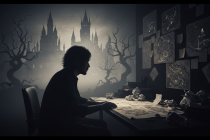 Silhouette of a game designer working on maps, inspired by Miyazaki Hidetaka gaming ban and Dark Souls design philosophy.
