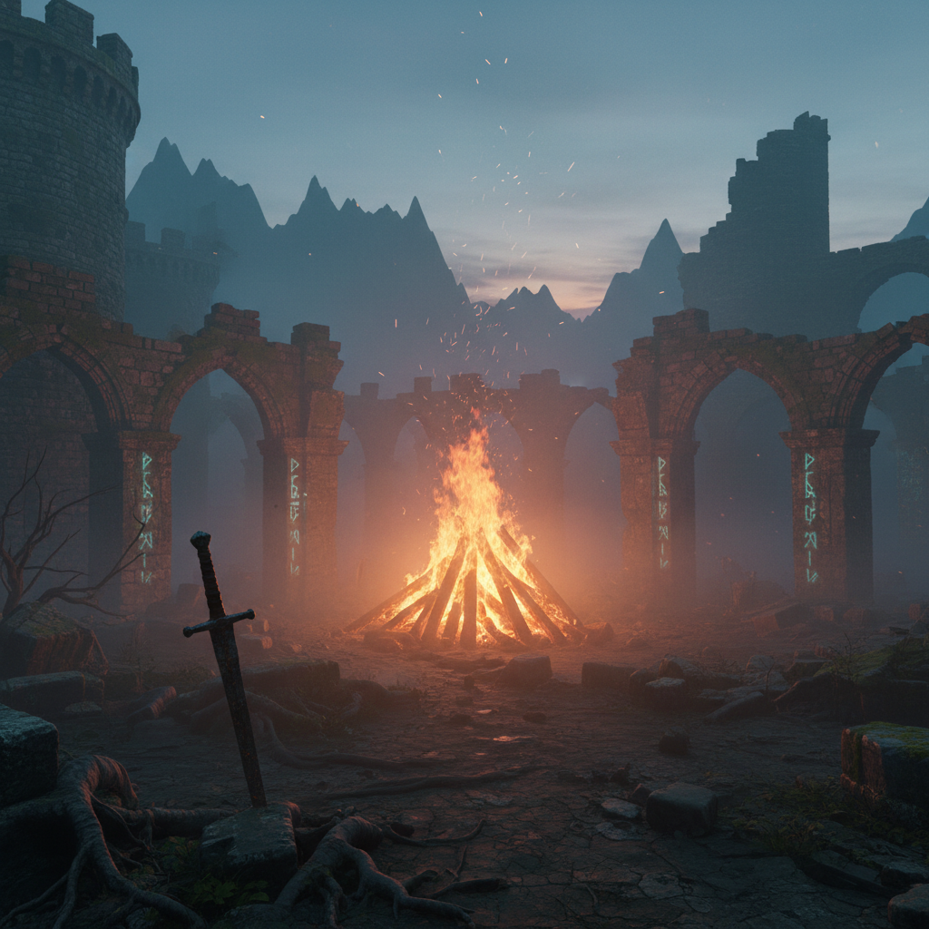 A lone bonfire glowing in ancient ruins, symbolizing perseverance and discovery.