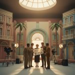 A group of actors and filmmakers on a Wes Anderson–style film set reviewing storyboards, symbolizing his flat-fee casting model.