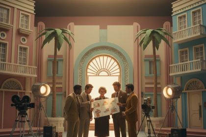 A group of actors and filmmakers on a Wes Anderson–style film set reviewing storyboards, symbolizing his flat-fee casting model.