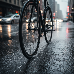 Bicycle wheel with twin skinny tires slicing through a wet city street