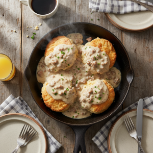 Skillet of biscuits and gravy on a rustic wooden table