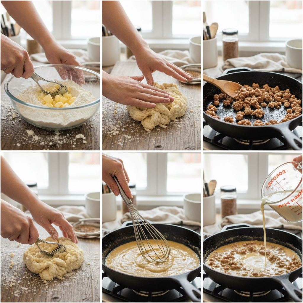 Process collage for making biscuits and gravy from mixing to whisking gravy