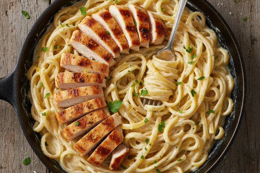 A skillet of creamy chicken alfredo with sliced seared chicken and parsley.