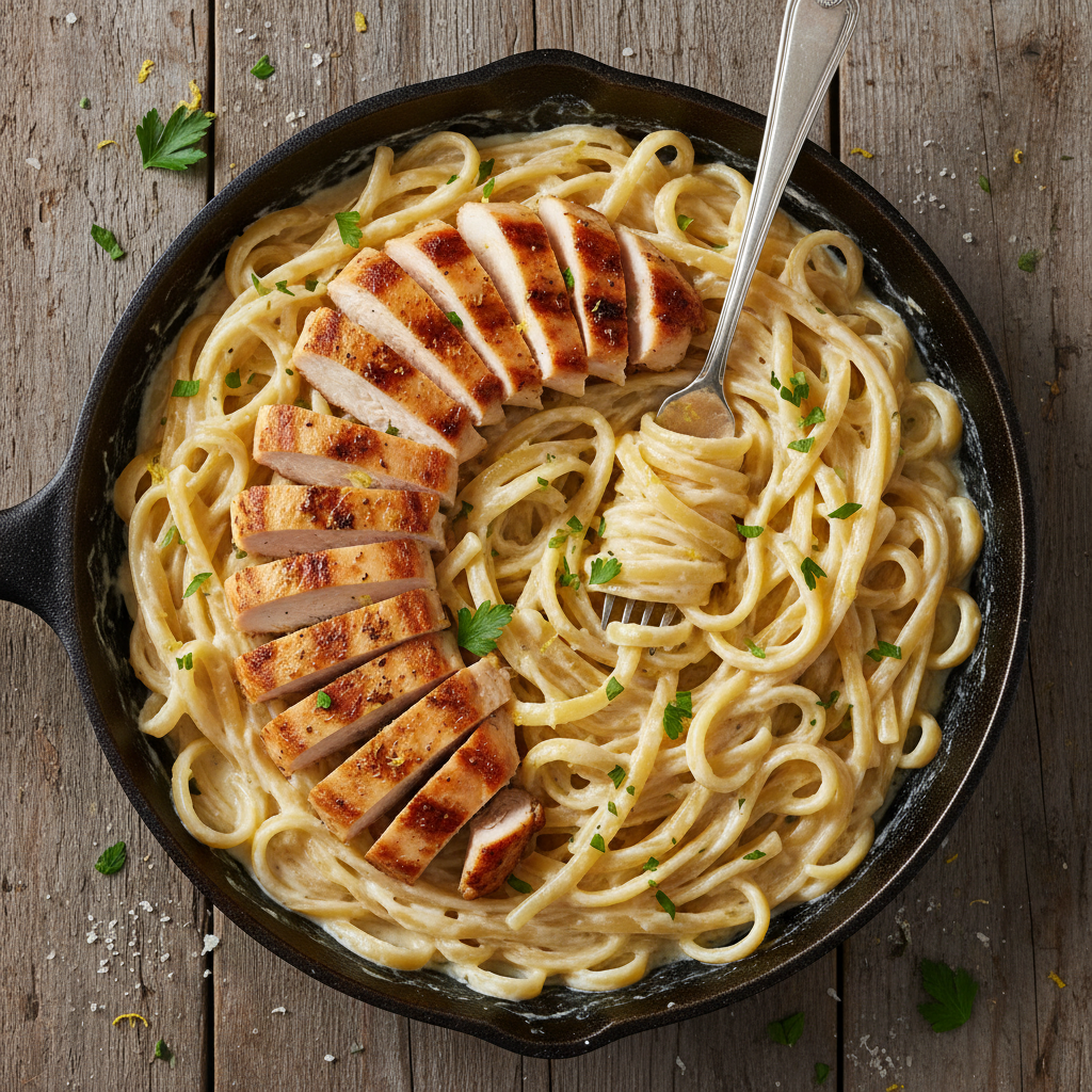 A skillet of creamy chicken alfredo with sliced seared chicken and parsley.