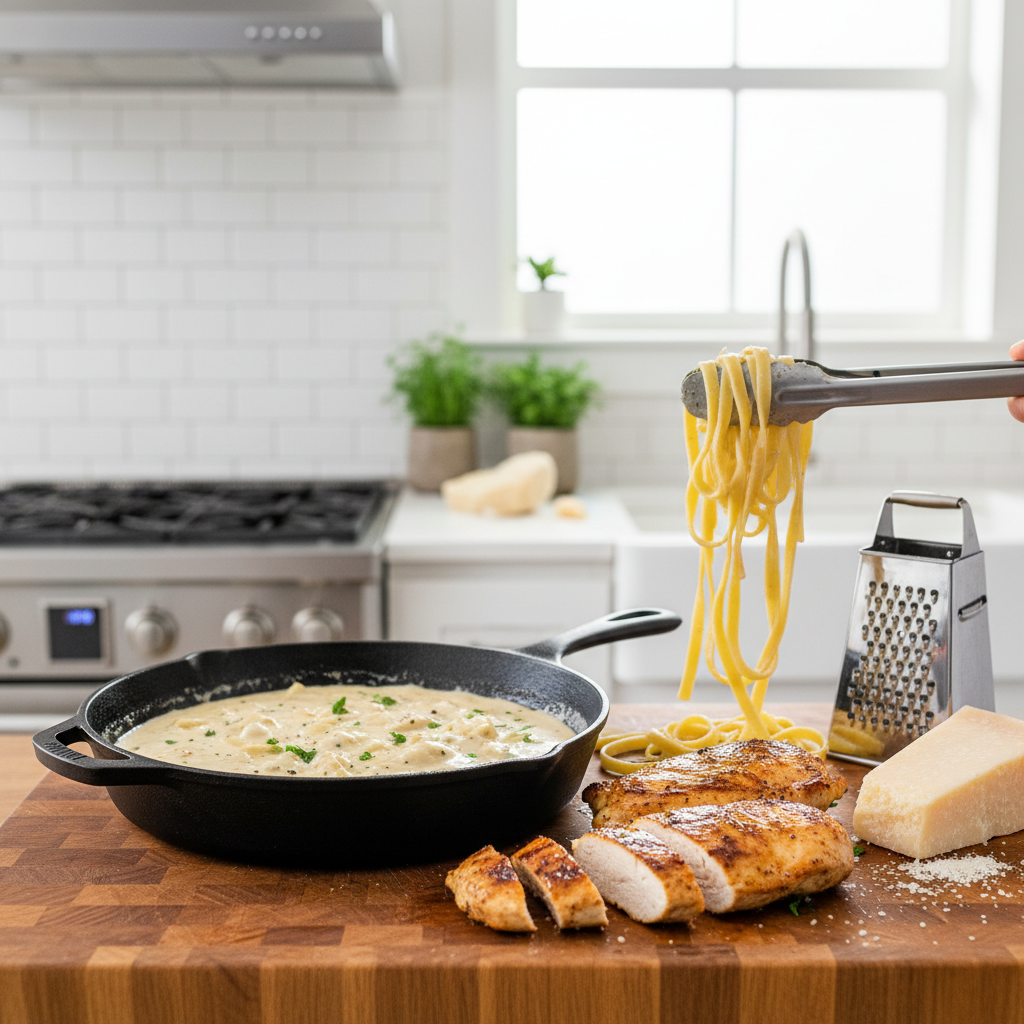 Tongs tossing fettuccine in alfredo sauce beside sliced seared chicken.