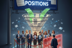 Editorial illustration of entry-level job postings as a funnel that lets through candidates labeled 'internship' and 'referral' into a velvet-rope inner circle while a lone recent graduate with a diploma is left outside.