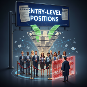 Editorial illustration of entry-level job postings as a funnel that lets through candidates labeled 'internship' and 'referral' into a velvet-rope inner circle while a lone recent graduate with a diploma is left outside.