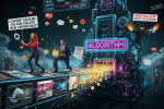 Photorealistic collage of a conveyor-belt social feed feeding a neon algorithm machine that turns sensational posts into coins and follower counts, showing influencers, scammers, and a shadowy extremist with a megaphone—visualizing why platforms reward extremism by tying reach, payouts, and status to raw engagement.