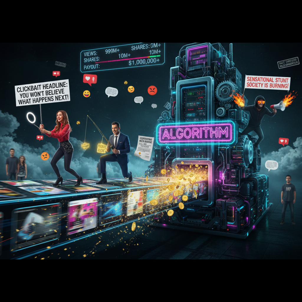 Photorealistic collage of a conveyor-belt social feed feeding a neon algorithm machine that turns sensational posts into coins and follower counts, showing influencers, scammers, and a shadowy extremist with a megaphone—visualizing why platforms reward extremism by tying reach, payouts, and status to raw engagement.