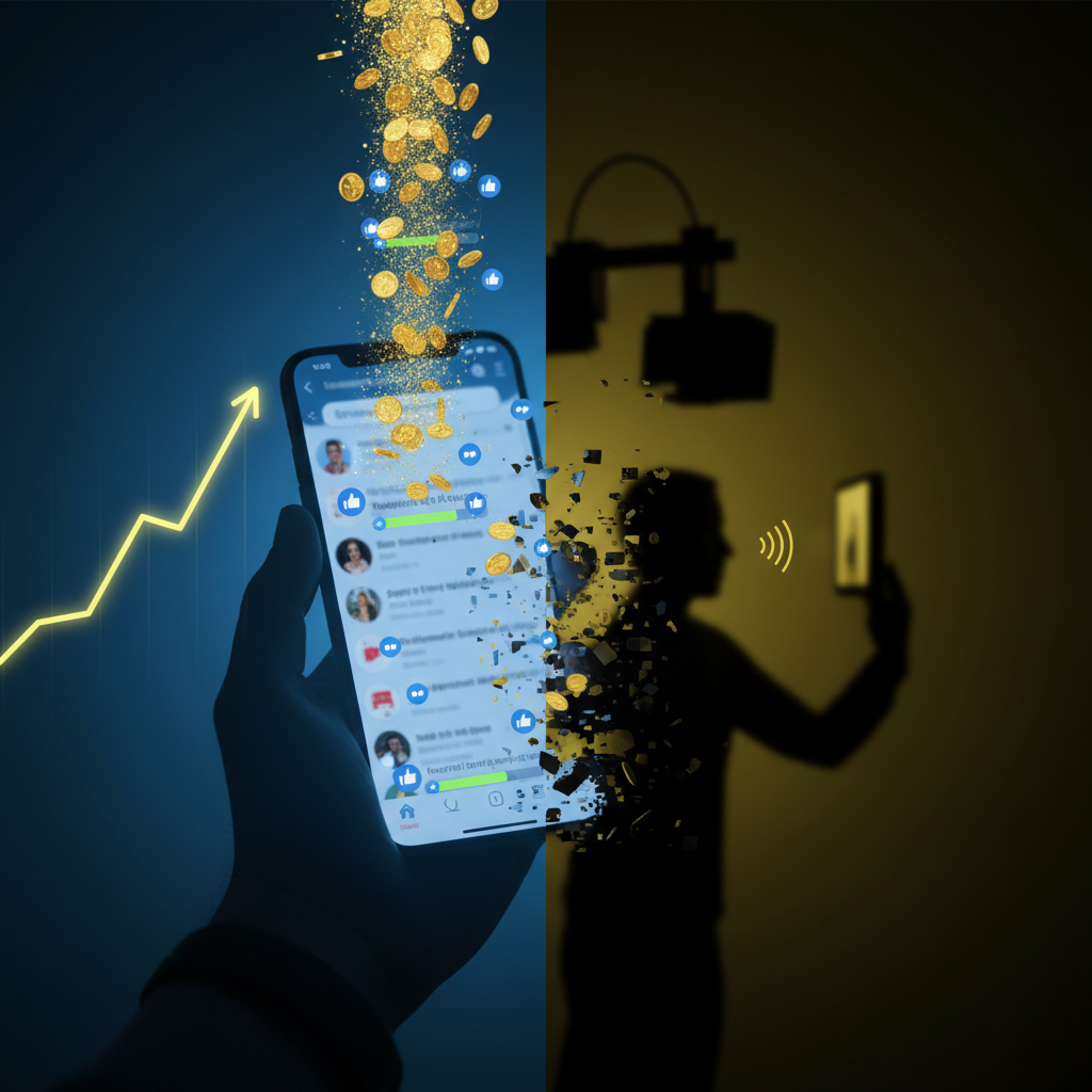 Editorial image showing a glowing social feed and rising engagement metrics beside a shadowed figure escalating harmful behavior — a visual metaphor for why platforms reward extremism by converting attention into visibility and profit.