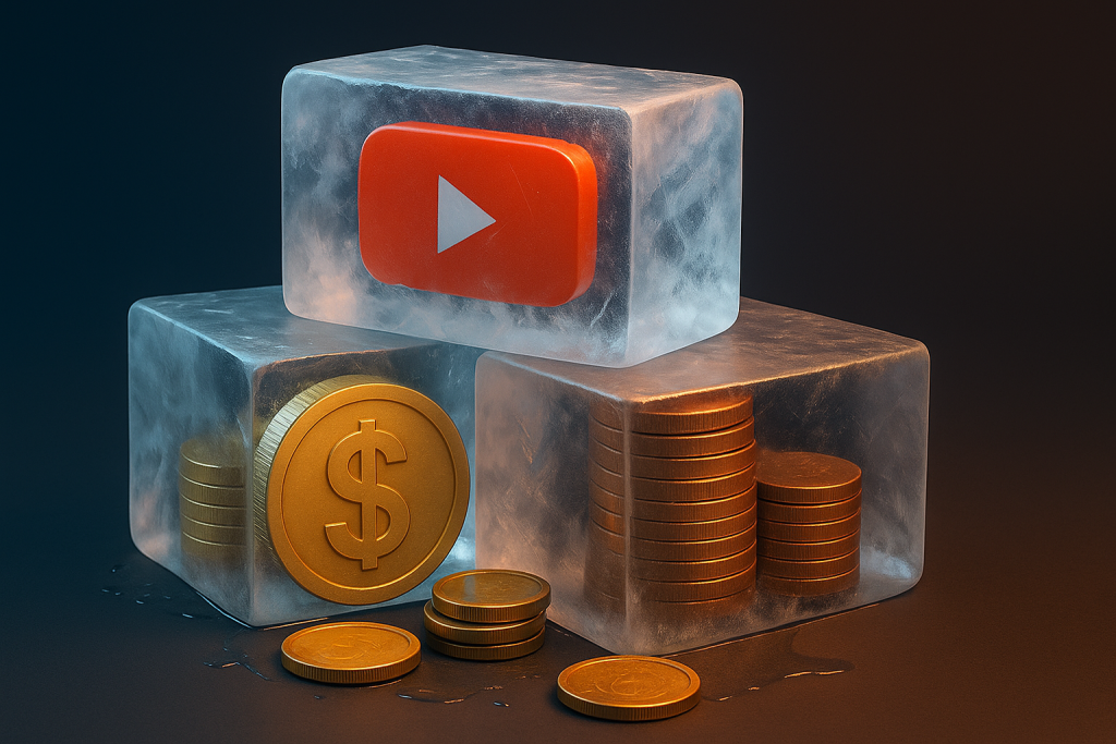 Digital illustration of YouTube icons and coins frozen in ice, representing YouTube terminated channel revenue and withheld creator earnings.