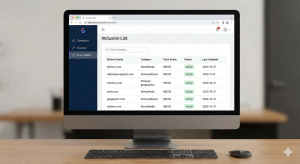 A computer monitor displaying a programmatic advertising dashboard showing an AI-generated inclusion list with columns for Domain Name, Category, Trust Score, and Active Status.