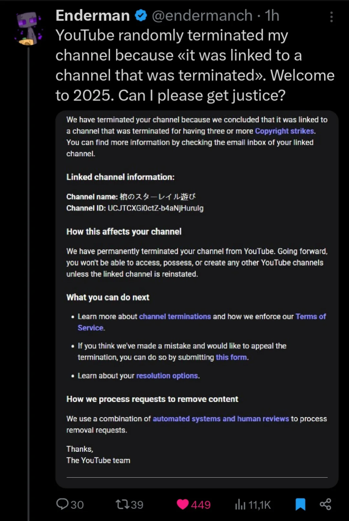 A screenshot on X of content creator, Enderman's notice from Youtube regarding channel termination.